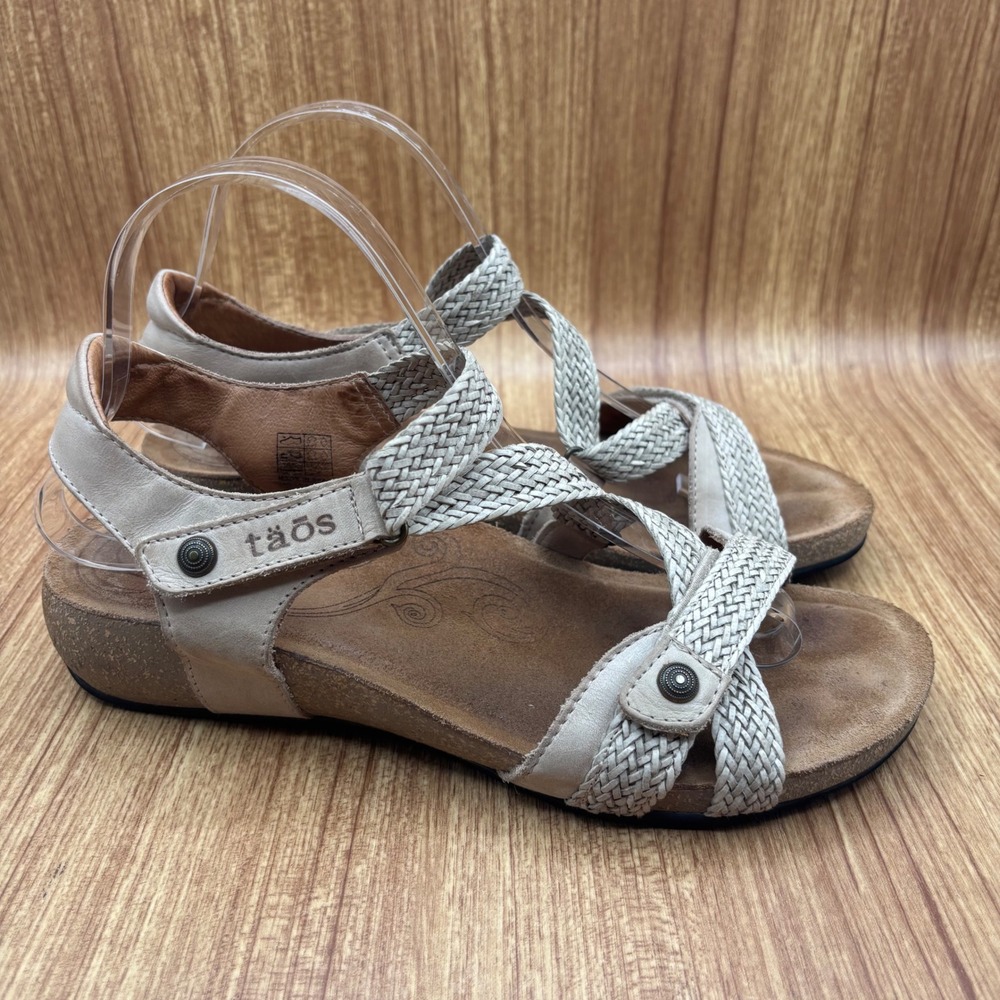 Taos Trulie Sandal Womens 9-9.5 Stone Beige Woven Leather Strappy Spain Comfort